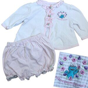 Vintage Y2K Sesame Street Baby Girl 2pc Outfit Set 6/9m Cookie Monster Ruffles